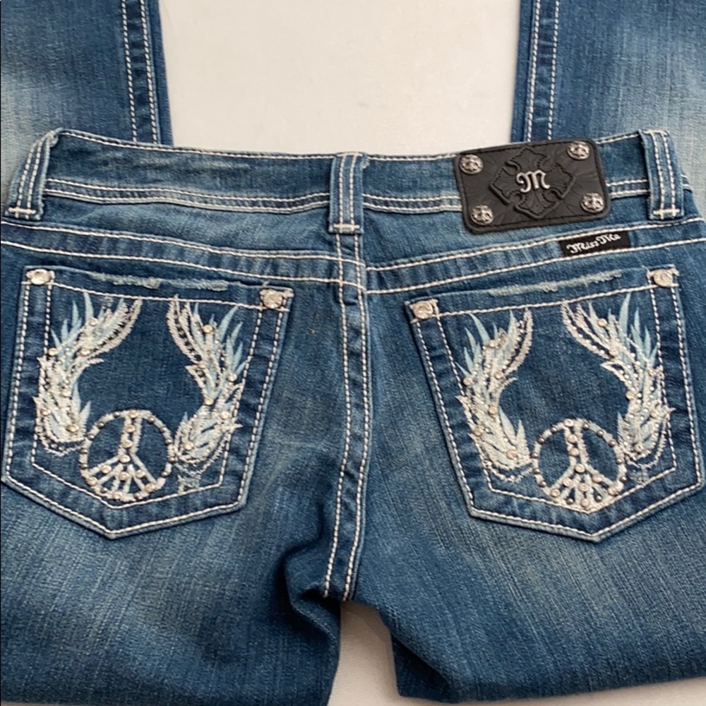 Miss Me JP5162 peace sign embroidered bootcut blue jeans 28x34 - Picture 1 of 15